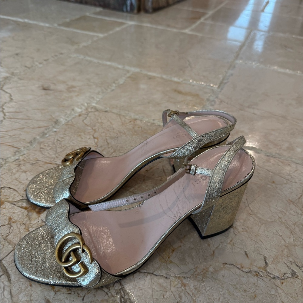 Gucci Gold Leather Block Heels - Picture 3 of 4